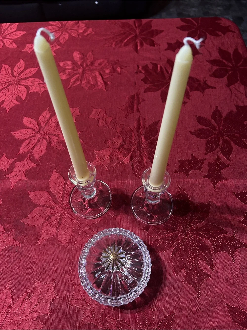 Ivory Taper Candles with Clear Glass Holders - Set of 2 and Clear Glass Candy